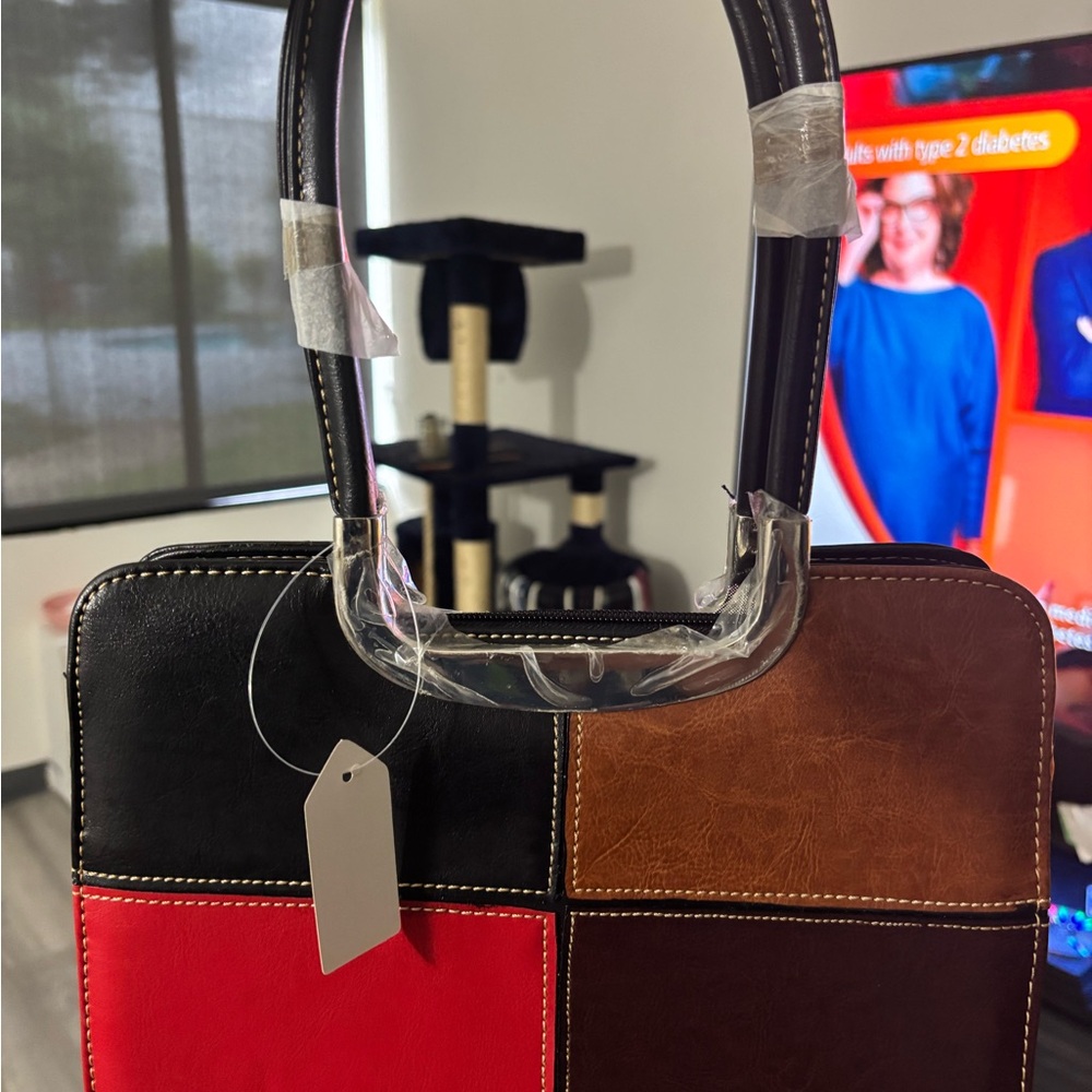 Black and Red Color-Block Tote Bag with Structured Design